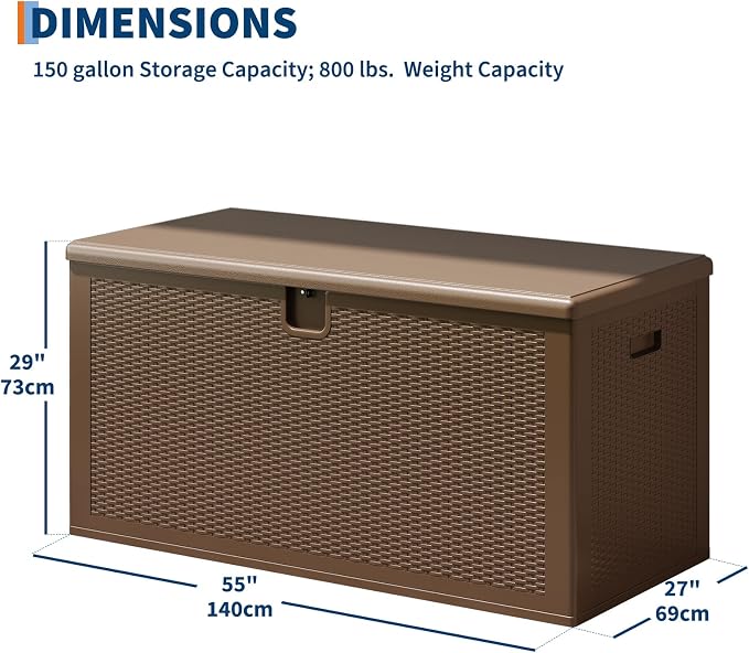 Garvee 150 gal Large Resin Deck Box, Waterproof & Weatherproof Outdoor Storage Box, Lockable Pool Storage Bin with Lid for Porch Patio Garden Backyard, Brown