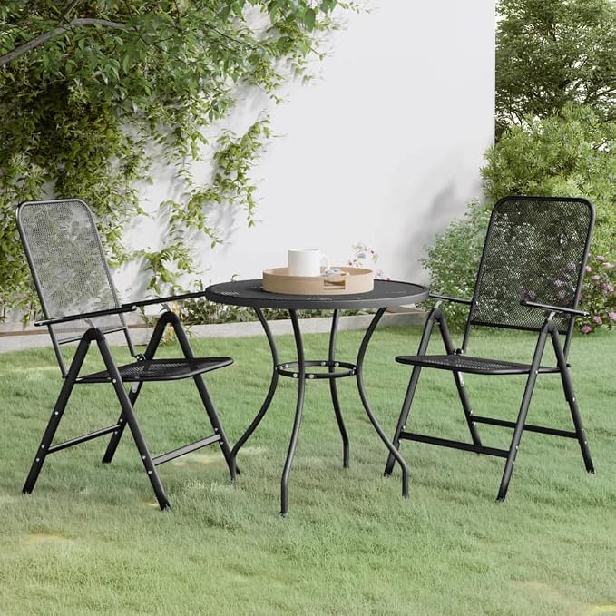 3 Piece Patio Dining Set Expanded Metal Mesh Anthracite Outdoor Folding Chairs with 7 Position Adjustable Backrest E-Coating Weatherproof Table for Garden Balcony Backyard
