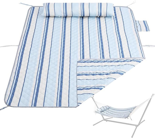 Double Hammock Pad and Pillow Set,78" x 55"Polyester Quilted Hammock Pad, Enhanced Comfort for Rope Outdoor Patio, Garden, Beach Hammocks, BlueStripe