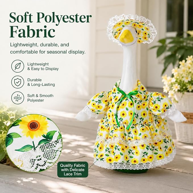 Spring Summer Porch Goose Outfit for 23 Inch Goose Statue, Sunflower Porch Goose Clothes with Lace Trim and Matching Hat, Cute Goose Statue Clothes for Outdoor Yard Lawn Patio Garden Decor