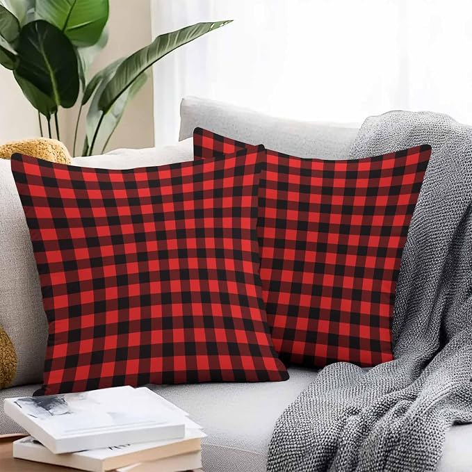 Outdoor Waterproof Throw Pillow Covers Set of 2 Red Buffalo Plaid Pillowcases 20x20 Inches Pastoral Black Checked Decorative Pillows Cushion Case Patio Pillows for Couch Bed Chair Garden