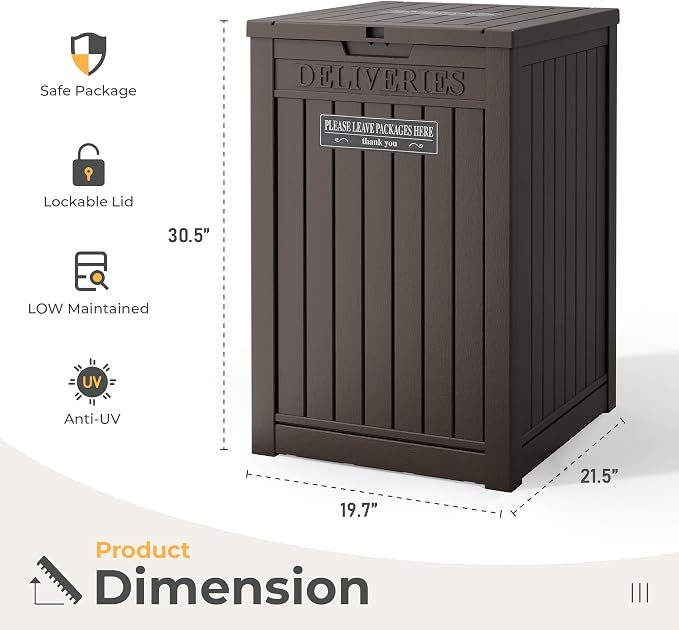Package Delivery Box for Outside With Sign, Lockable Outdoor Storage Box Waterproof Deck Box, Large Double Wall Resin Parcel Drop Boxes, 48 Gallon, Brown