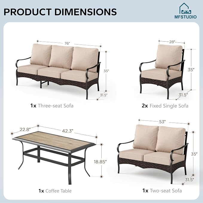 MFSTUDIO 5 PCS Outdoor Patio Furniture Set, Metal Outdoor Conversation Set, Rattan Wicker Patio Sectional Sofa Set with 2 x Fixed Single Sofa, 2-Seat and 3-Seat Sofa, 1 x Coffee Table, Beige