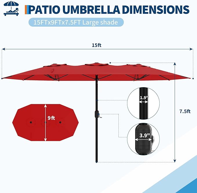 GarveeTech 15FT Double-Sided Rectangular Patio Umbrella with Base – Large Outdoor Market Umbrella for Poolside, Lawn & Backyard, Oversized Shade for 4-6 Person Tables