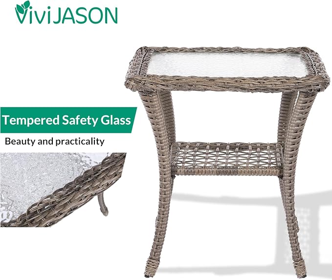 VIVIJASON 3-Piece Outdoor Patio Furniture Set, Outdoor Wicker Glider Rocking Chairs Rattan Conversation Bistro Sets w/ 2 Rattan Cushioned Chairs and Glass Top Side Table for Porch Backyard, Grey