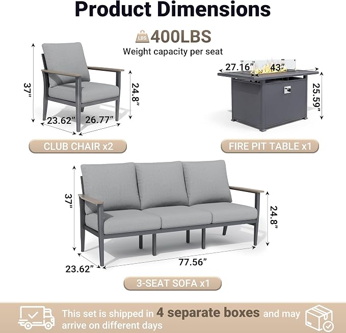 Aluminum Outdoor Patio Furniture Set, 4-Piece Outdoor Sofa with 5.1" Thick Cushions, 55,000 BTU Propane Fire Pit Table, Outdoor Couch for Balcony, Porch, Gray