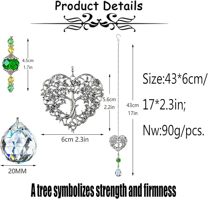 Tree of Life Heart Crystal Suncatcher Prism Rainbow Maker Window Decor | Tree of Life Heart Shaped Crystal Drop Prism Suncatcher Hanging Ornament for Window Garden Home Office Wedding Party Decor