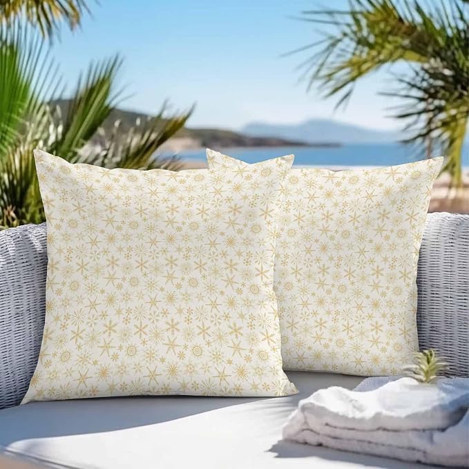 Beige Christmas Outdoor Pillow Cover 24x24 Inch Cushion Sham Case, Country Winter Xmas Snowflakes Simple Waterproof Decorative Square Throw Pillowcase for Outside Garden Patio Porch Couch Chair Tent