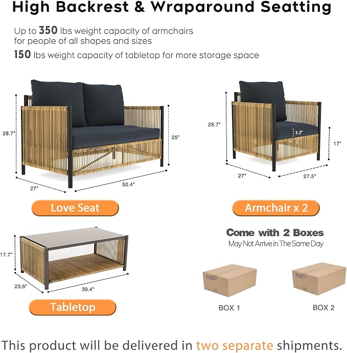Aluminum Outdoor Patio Furniture Set - 2 Pcs Armchair, Loveseat & Dual-Layer Coffee Table - Rope Sectional Conversation Sofa Sets with Washable Thick Cushion for Garden/Backyard/Porch