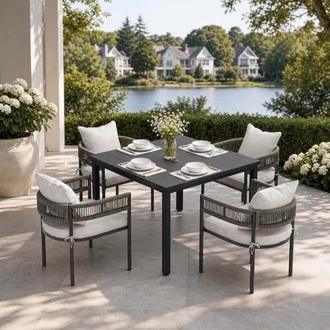 VICLLAX Patio Dining Set, 40.2" Black Table & 4 Chairs with Wheat Cushion | Outdoor Table and Chairs Set of Square Metal Patio Table, Outdoor Dining Chairs with Metal Frame, Garden Deck Porch