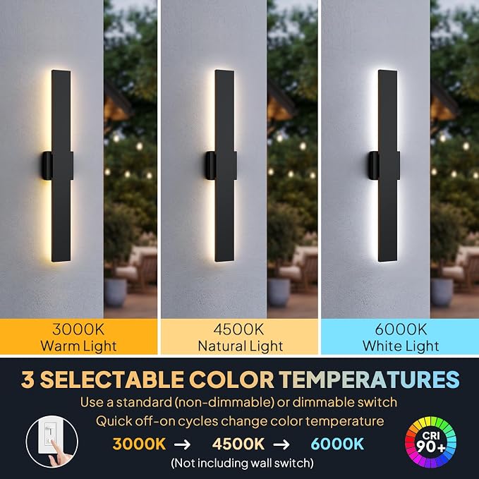 2 Pack LED Outdoor Wall Sconce Dimmable, 3000K 4500K 6000K, 31.5" Modern Black Linear Exterior Lighting Fixtures, IP65 Waterproof Outside Lights for Entrance, Hallway, Garage, Porch