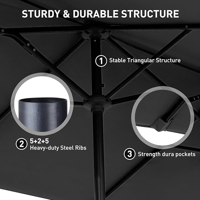 13 ft Patio Umbrella, Large Rectangle Outdoor Umbrella with Strap, Crank, Black