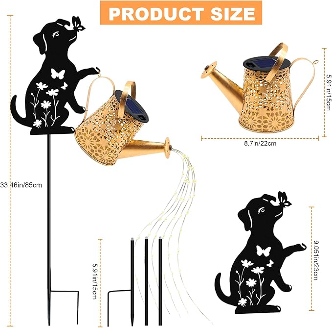 VOOKRY Solar Watering Can Lights Outdoor with Dog Silhouette Stake, Garden Gifts for Mom, Women & Garden Lovers Waterproof Metal Garden Lantern, Decorative Yard Patio Lawn Pathway Decor(2 Pack)