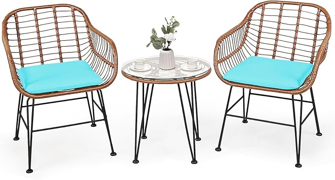 COSTWAY 3 Pieces Patio Bistro Set, Outdoor Rattan Conversation Seating Chair Set with Coffee Table & Soft Cushions, Indoor Wicker Furniture Set for Garden, Balcony, Porch, Pool, Turquoise