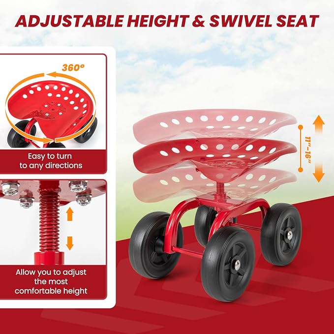 LDAILY Garden Seat with Wheels 11"-16" Adjustable Height for Lawn Planting | Rolling Garden Cart with Seat, 360° Rotatable Heavy-Duty Utility Stool Cart for Yard Work, Patio Gardening (Red)