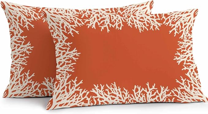 Vandarllin Outdoor Throw Pillows Covers 20x12 inch Set of 2 Waterproof Orange Coral Decorative Zippered Cushion Covers for Patio Furniture, Coastal Marine Life Lumbar Pillowcases