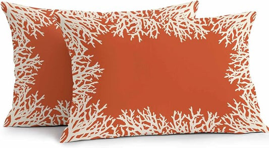 Vandarllin Outdoor Throw Pillows Covers 20x12 inch Set of 2 Waterproof Orange Coral Decorative Zippered Cushion Covers for Patio Furniture, Coastal Marine Life Lumbar Pillowcases