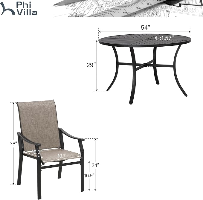 PHI VILLA Outdoor Dining Set for 4 w/Round Metal Patio Table | Textilene chairs, Weather-resistant, Breathable & quick-drying, Umbrella hole, Patio deck backyard, 5 piece