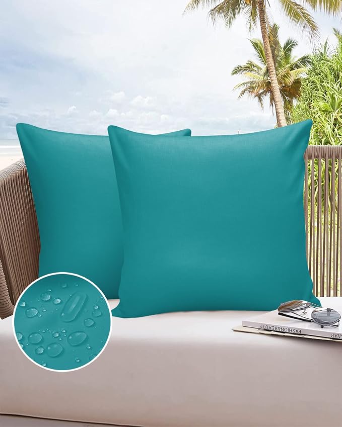 Outdoor Waterproof Pillow Covers for Patio Furniture Teal Blue Decorative Throw Pillow Cover Solid Color Pillowcases Set of 2 Cushion Case for Sofa Couch Chair Home Decor 18x18 inch x 2pcs