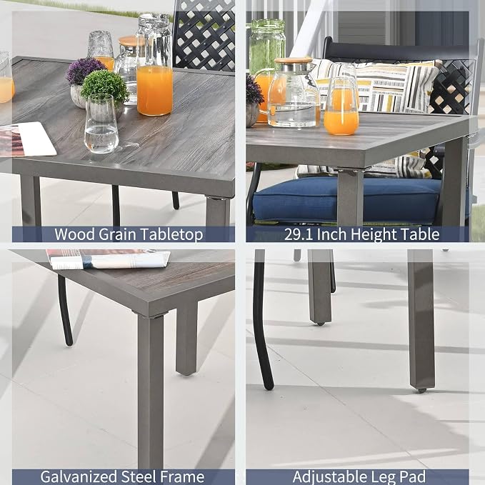 Patio Dining Set 5Pcs Outdoor Metal Furniture Dining Sets Wood Grain Suqare Table Chairs Set with Blue Cushion Galvanized Steel Frame
