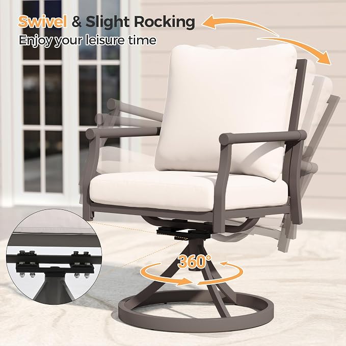 HAPPATIO Patio Dining Set, Powder-Coated Metal Outdoor Table and Chairs Set for 8, 6 Chairs and 2 Swivel Rockers with Thick Cushions, 80" Rectangular Table with 1.5" Umbrella Hole for Deck Yard