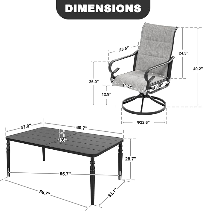 NUU GARDEN 7PCS Padded Textilene Outdoor Dining Set with Umbrella Hole, Powder-Coated Metal Frame Patio Dining Table and Chairs with Swivel Base, Patio Table and Chair Set, Turned Legs, Light Gray