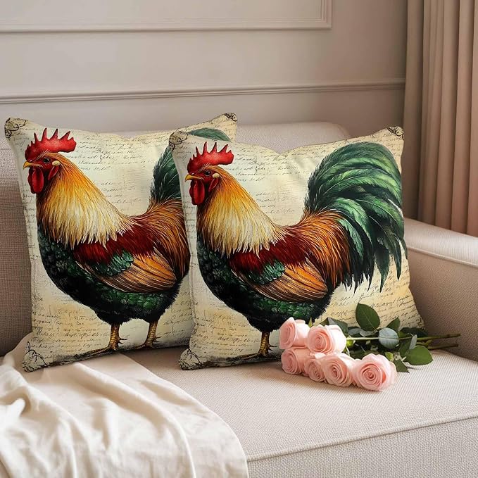 Vintage Rooster Waterproof Outdoor Pillow Covers Set of 2 Home Decor, Retro Farmhouse Country Animal Pillowcase Patio Pillow Covers for Couch Bench Furniture Garden 16x16in
