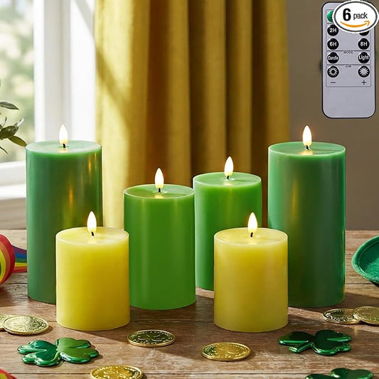 6 Pcs St Patrick s Day Flameless Candles LED Flameless Pillar Candles Wax LED Fake Candle with Remote and Timer Flickering H 4 5 6 for Wedding Party Holiday Party Decor