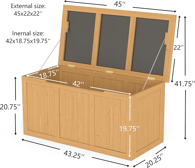 Domesto 112 Gallon Extra-Large Outdoor Deck Box, Solid Wood Storage Box Seat & Table Top, For Patio Cushions, Pool, Garden Tools (Light Brown, 67 Gallon)