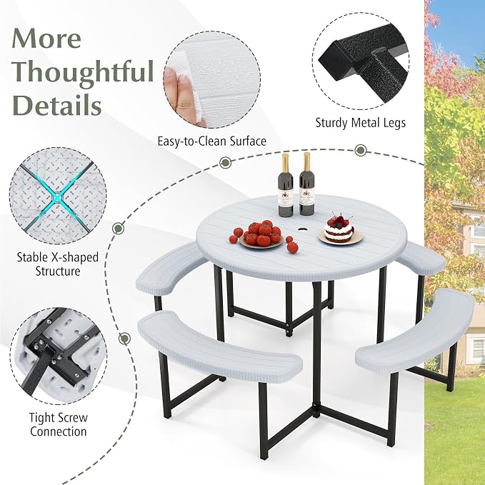 Byroce 6-8 Person Picnic Table for Outdoors, HDPE Picnic Table Set with 4 Benches, Umbrella Hole & Metal Frame, Heavy Duty Round Dining Table Chairs for BBQ Party in Patio, Yard & Poolside (White)