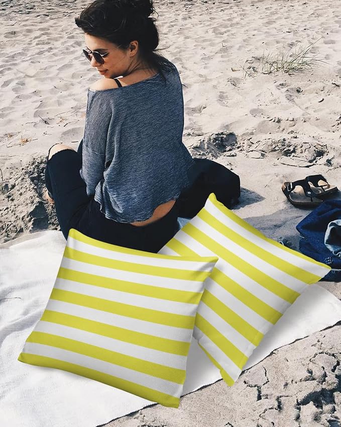 Outdoor Waterproof Pillow Covers for Patio Furniture Yellow and White Stripes Decorative Throw Pillow Cover Solid Striped Pillowcases Set of 2 Cushion Case for Sofa Couch Chair 16 x 16 in