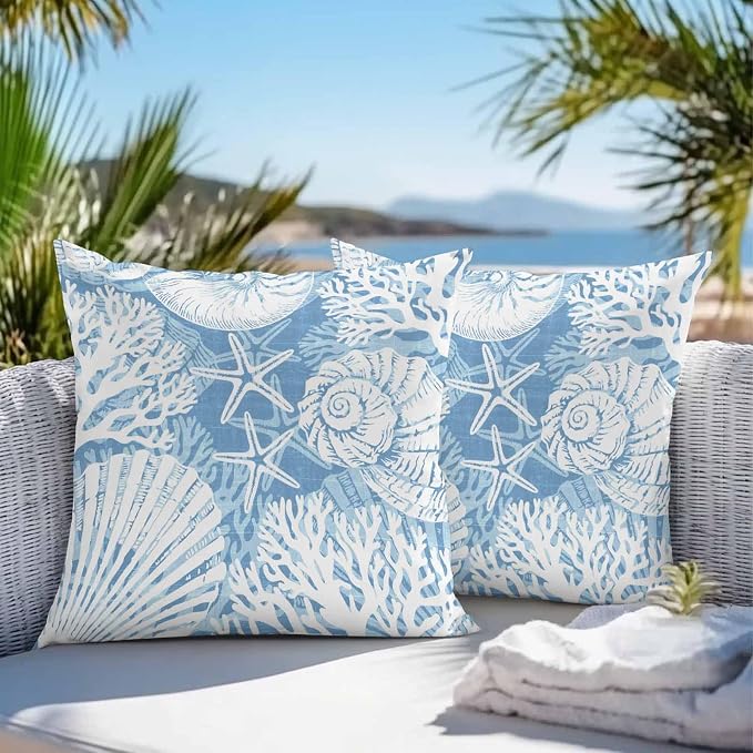 Outdoor Pillow Covers 24x24 Inch Set of 2, Light Blue Starfish Coastal Waterproof Throw Pillow Covers, Summer Coral Shell Beach Nautical Decorative Cushion Pillowcases for Couch Sofa Bed Garden Patio