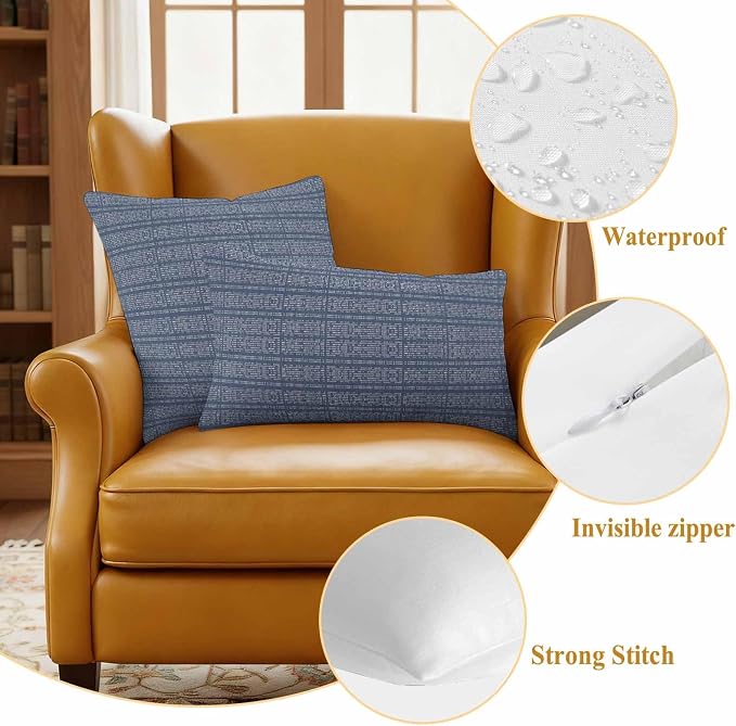 Outdoor Waterproof Throw Pillow Covers Set of 2 Stripes Grain Pillowcases 26x26 Inches Navy Blue Solid Color Decorative Pillows Cushion Case Patio Pillows for Couch Bed Chair Garden