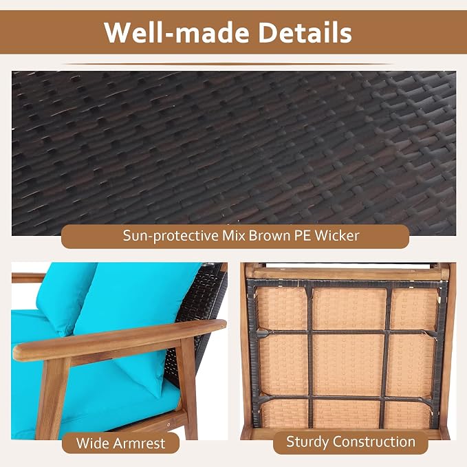 Tangkula 8-Piece Patio Furniture Set, Outdoor Acacia Wood Conversation Set with Cushions and Coffee Table, Outdoor PE Wicker Sectional Sofa Set for Garden, Poolside and Backyard (2, Turquoise)