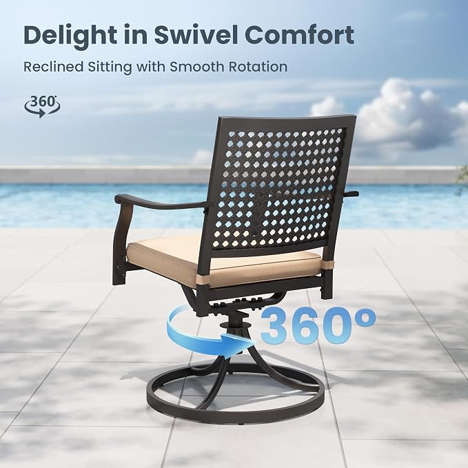 PHI VILLA Outdoor Dining Set for 8, Square Metal Table & Swivel Chairs | 9 pcs 57.5" brown wrought iron furniture set w/ umbrella hole. All weather for patio, deck, yard, porch