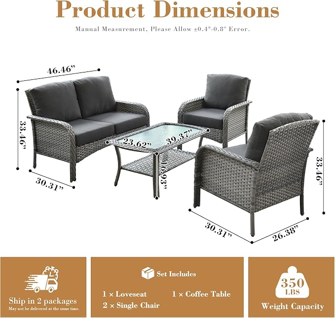 4 Pieces Patio Furniture Set, Small Outdoor Patio Set with Coffee Table, All-Weather Rattan Wicker High Back Conversation Set Loveseat with Chairs for Porch, Backyard, Balcony, Black