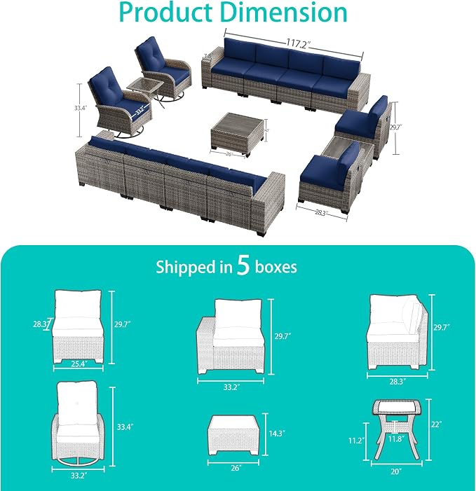 15-Piece Outdoor Patio Furniture Set with Rocking Swivel Chair Wicker Sectional Sofa Set, Patio Conversation Set with Thickened Cushions & Coffee Table for Garden, Backyard, Navy Blue