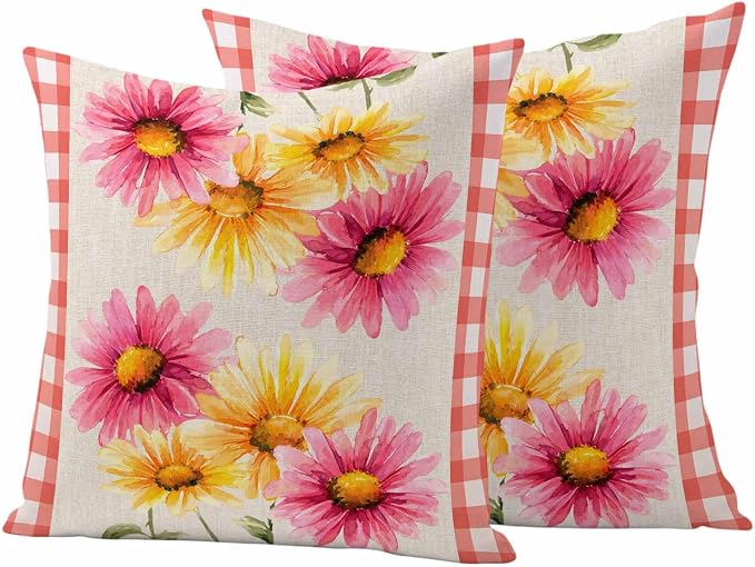 Yellow Pink Daisy Outdoor Pillow Covers 26"x26" Set of 2, Rustic Farmhouse Red Buffalo Plaid Waterproof Throw Pillow Covers for Patio Furniture, Decorative Cushion Covers for Porch