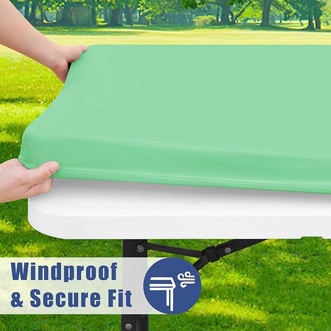 Moosfor Spandex 8 Foot Rectangle Table Cloth 2 Pack, Elastic Fitted Tablecloths for Picnic, Stretch Washable Patio Table Cover for Outdoor, Camping, Banquet and Parties (Bright Green, 30"x96")