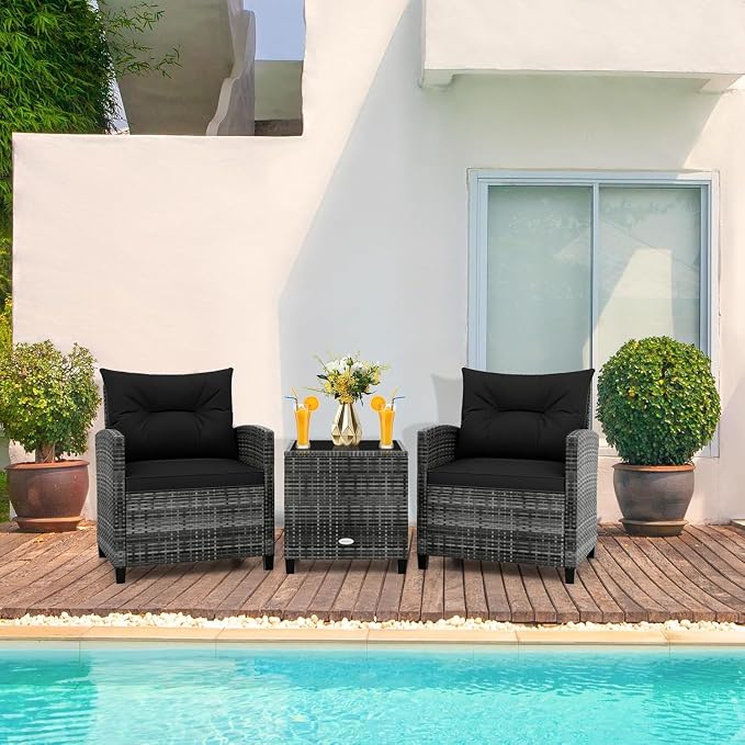 LDAILY Patio Furniture Set, 3 Pieces PE Rattan Wicker Patio Sofa Chairs with Washable Cushion & Glass Table, Outdoor Furniture Conversation Sets for Porch, Balcony, Garden, Poolside (Black)
