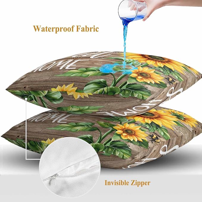 Throw Pillow Covers 20x20 Inch Set of 2, Sunflower Brown Waterproof Outdoor Pillow Covers, Farmhouse Bee Country Wooden Grain Decorative Cushion Pillowcases for Couch, Sofa, Bed, Garden, Patio