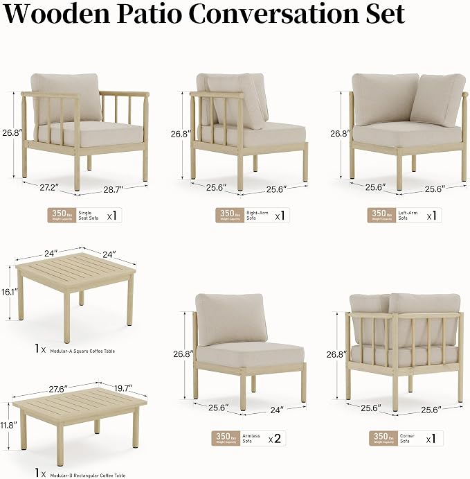 SUNSHINE VALLEY Patio Furniture,Acacia Wood Outdoor Sectional Sofa with 5.5" Ultra-Thick Cushions, L Shaped Modular Patio Conversation Set,Lawn Garden Backyard Couch Set with Nesting Tables,Beige