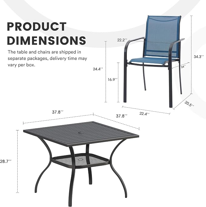 5 Pieces Patio Dining Set, 38" Square Dining Table with Umbrella Hole, 4 Stackable Textilene Fabric Chairs, Metal Structure for Patio, Porch, Garden(Black Table, Blue Chair)