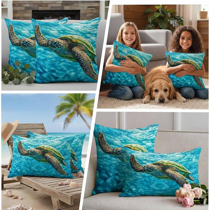 Swimming Sea Turtle Outdoor Waterproof Throw Pillow Covers Set of 2, 24"x24", Sea Water Retro Decorative Pillow Covers Outside Cushion Case for Patio Porch Garden