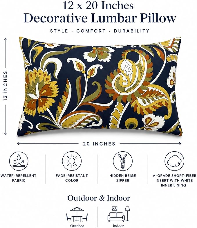 Outdoor Lumbar Pillows 12"x20" Waterproof Patio Pillows with Inserts | Set of 2 Fade Resistant Outdoor Waterproof Lumbar Pillow Decorative Garden Lumbar Cushions for Home Patio Terrace Sofa