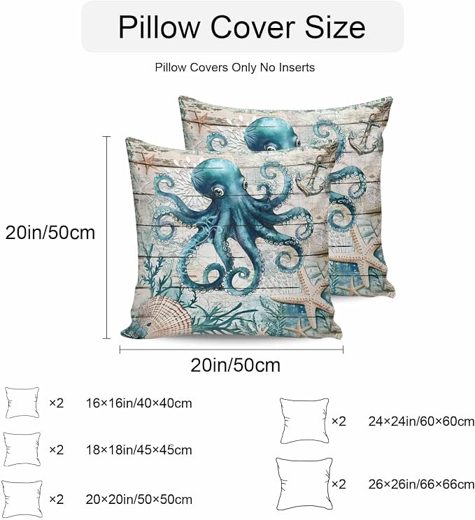 Teal Octopus Coastal Waterproof Outdoor Pillow Covers Set of 2 Home Decor, Summer Beach Nautical Starfish Retro Pillowcase Patio Pillow Covers for Couch Bench Furniture Garden 18x18in