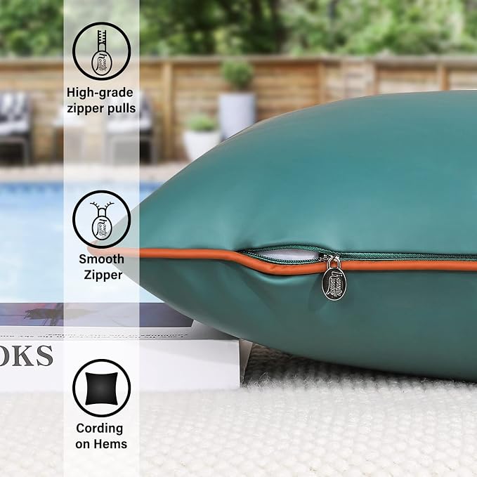 Outdoor Waterproof Pillow Covers Silicone Leather Garden UV Fade Resistant Pillowcases Decorative Square Solid Cushion Cases for Patio Porch Couch Dark Green 18x18 Inch, Pack of 2