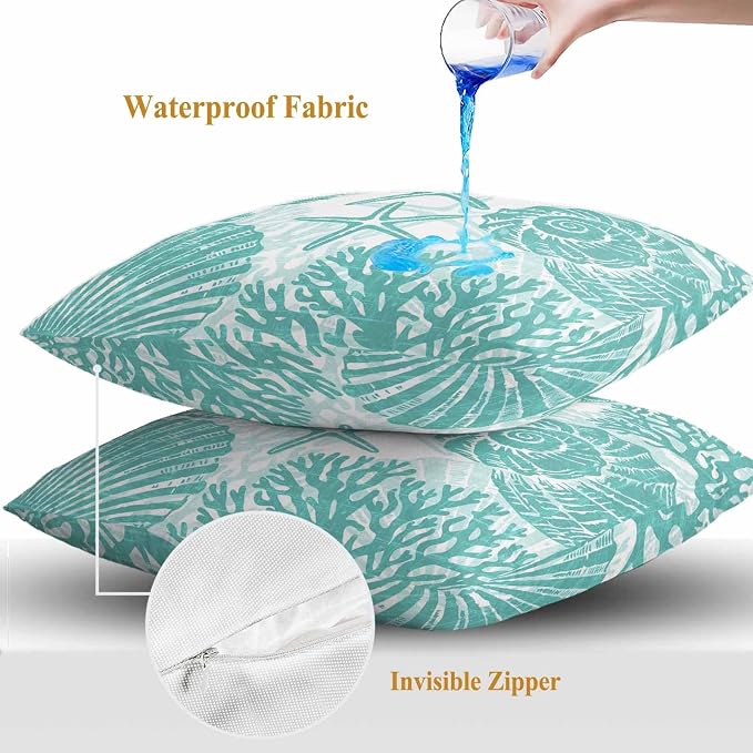 Outdoor Pillow Covers 18x18 Inch Set of 2, Teal Coastal Waterproof Throw Pillow Covers, Beach Starfish Nautical Coral Shell Summer Decorative Cushion Pillowcases for Couch, Sofa, Bed, Garden, Patio