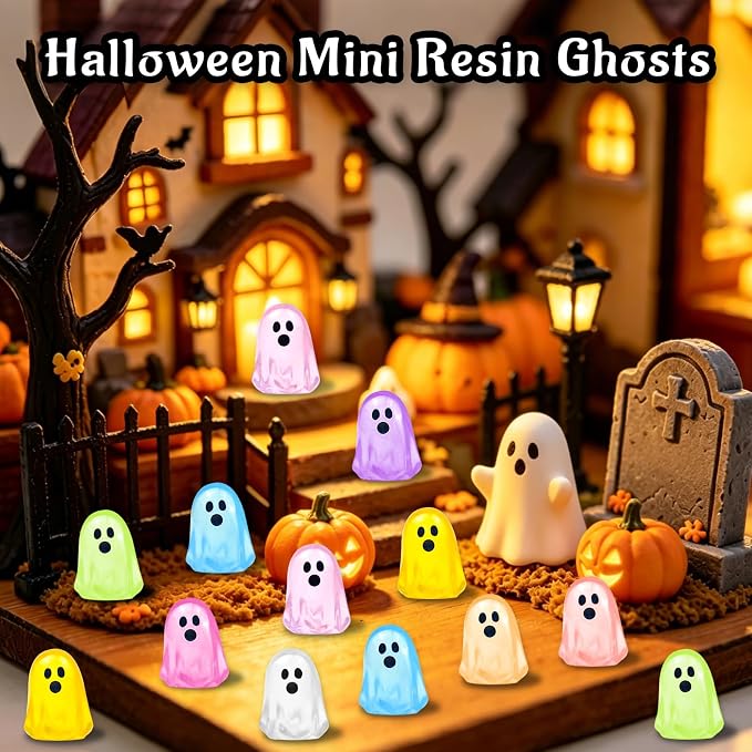 132 Pcs Halloween Luminous Mini Ghost Figures 9 Colors Glow in the Dark Tiny Little Resin Ghost Statues Miniature Figurines for Halloween Vase Filler Micro Landscape Fairy Garden Party Decor