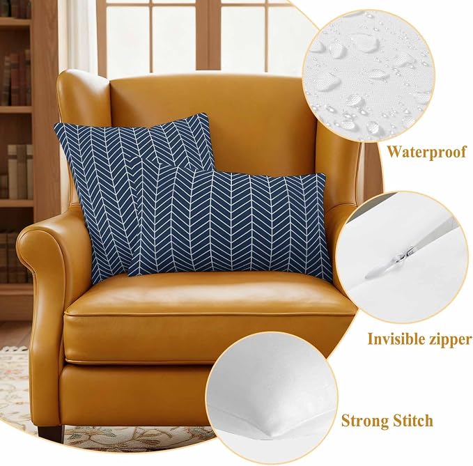 Outdoor Waterproof Throw Pillow Covers Set of 2 Navy Blue Chevron Stripes Pillowcases 20x20 Inches Modern Geometric Texture Decorative Pillows Cushion Case Patio Pillows for Couch Bed Chair Garden